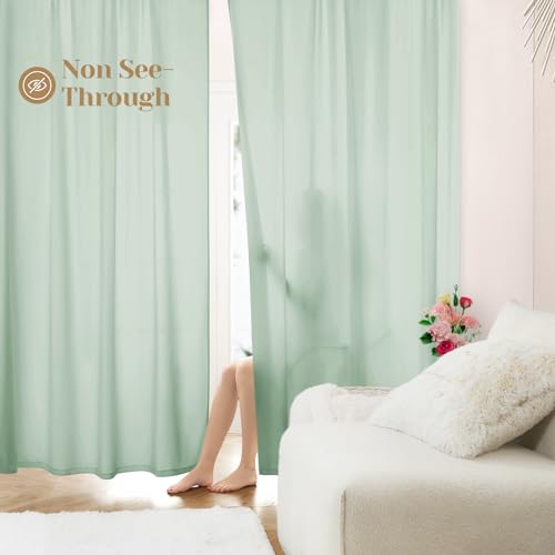 Homeideas Non-See-Through Sage Green Privacy Sheer Curtains 52 X 96 Inches Long 2 Panels Sheer Curtains Light Filtering Window Curtains Drapes For Bedroom Living Room